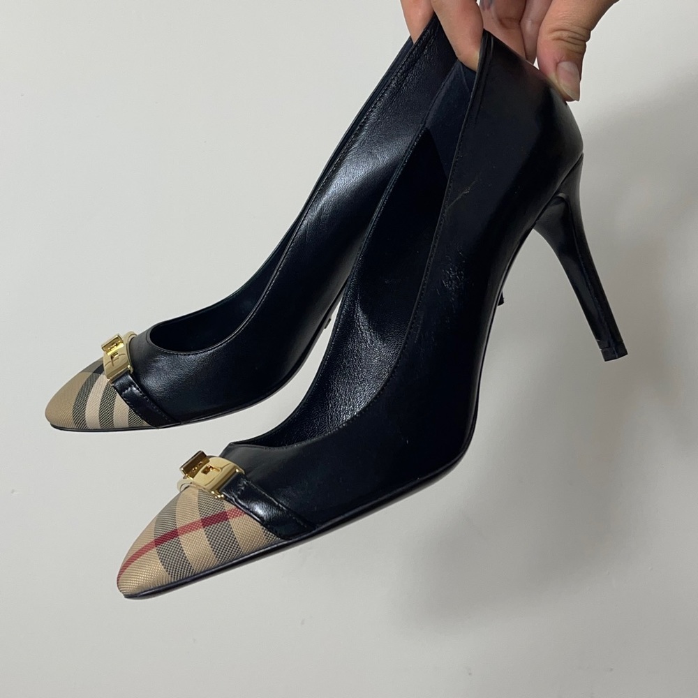 Burberry Black Leather & Firbank Check Canvas Buckle Heels Size 10